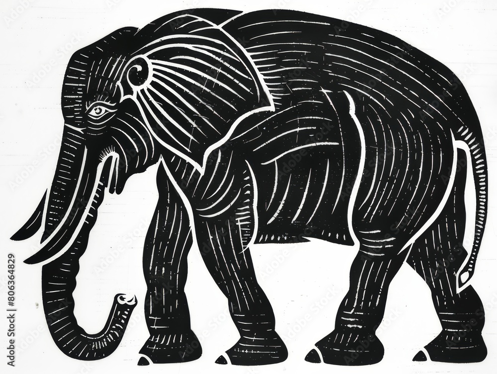 Fototapeta premium Black and white woodblock illustration of an elephant, white background , generated with ai