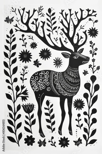 Black and white linocut of a deer in a folk art style on a white background   generated with ai