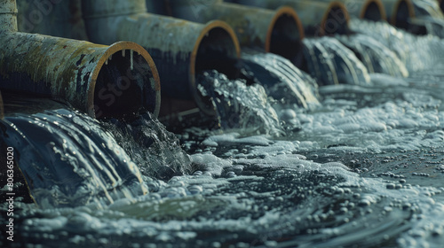 Factory waste pipes discharging untreated effluents into a natural water body.