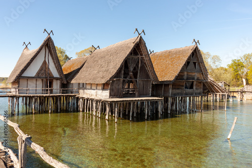 Stilt houses (Pfahlbauten), Stone and Bronze age dwellings in Unteruhldingen town, Lake Constance (Bodensee)