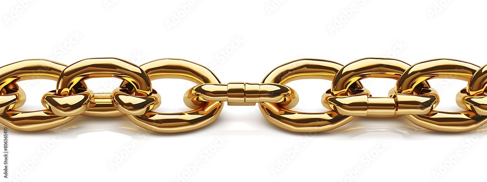 A gold chain links together on a white background. A gold chain links together on a white background.