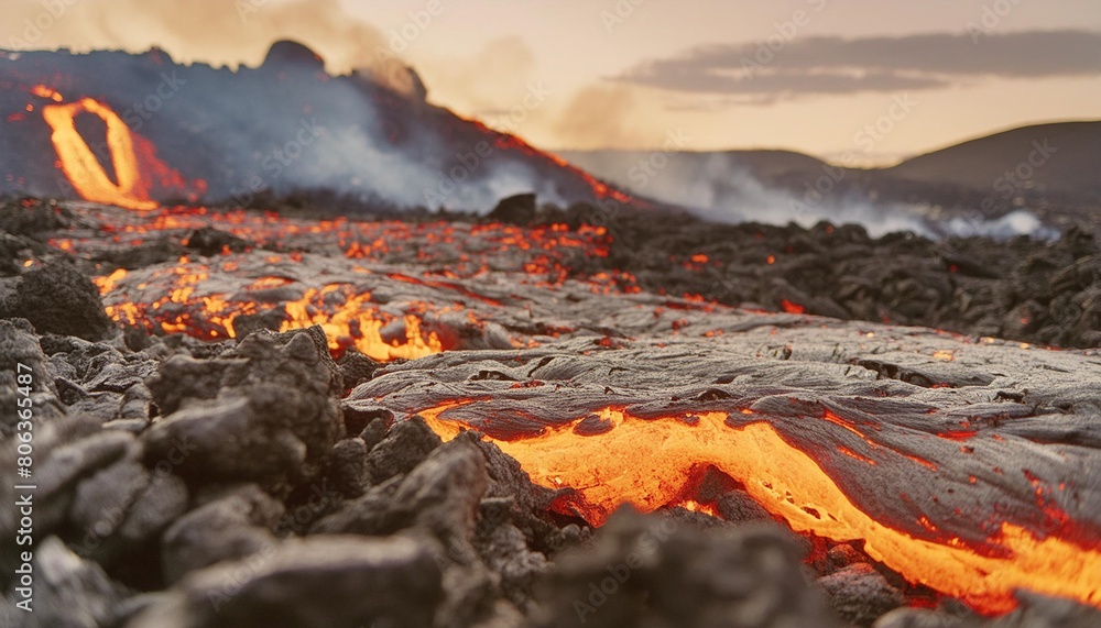 close up of fresh lava flowing from volcano eruption in geldingadalur iceland