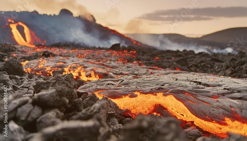 close up of fresh lava flowing from volcano eruption in geldingadalur iceland photo