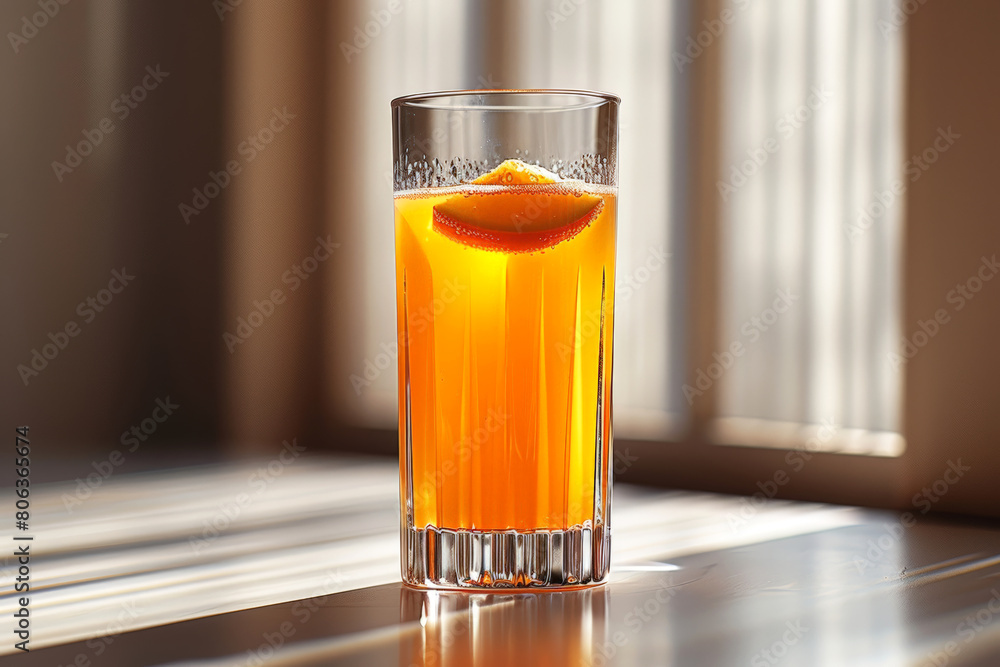 Sunlit glass of orange juice with a citrus slice, ideal for breakfast and healthy lifestyle themes. Trendy Mexican food. Sunlit glass of orange juice with a citrus slice, ideal for breakfast and healthy lifestyle themes. Trendy Mexican food.