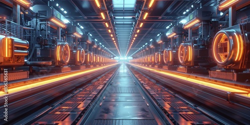 Automated machinery in action, detailed 3D vector style on futuristic factory floor.