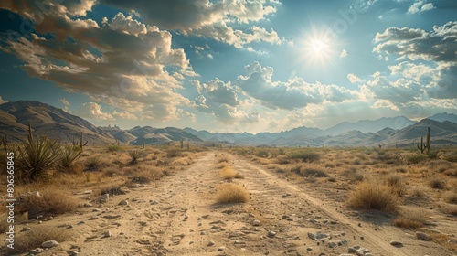 Wide angle, image of a sandy mexican desert land during midday, generated with AI