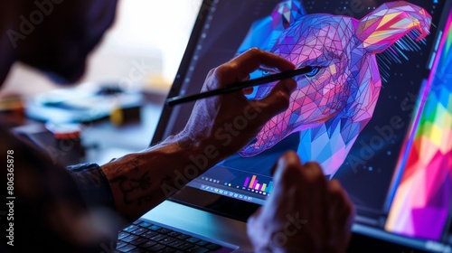 Graphic designer creating a vibrant polygonal artwork of an animal on a digital tablet, showcasing the creative process