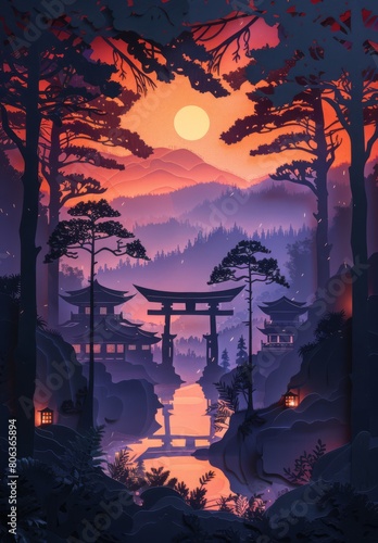 Japanese gate landscape  purple lights  wild  Chinese buildings are on mountains  hillstone  pine trees the background is layered  generated with AI