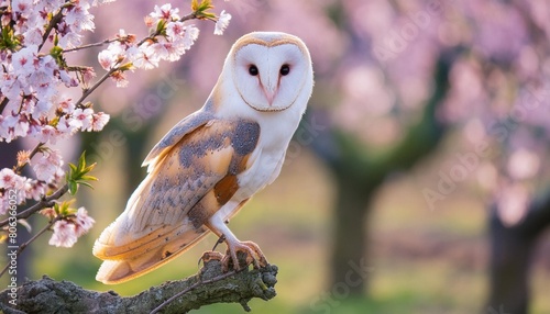 barn owl tyto alba in an orchard in spring in a tree pink and white blossom background noord brabant in the netherlands photo