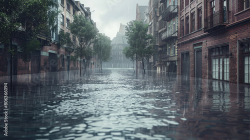 Flooded urban streets after a heavy storm, showcasing extreme weather events. photo