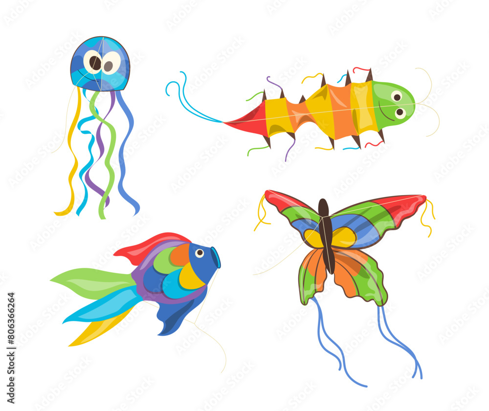 Naklejka premium Cartoon set of flying kite colorful paper toys for children with different shapes isolated on white