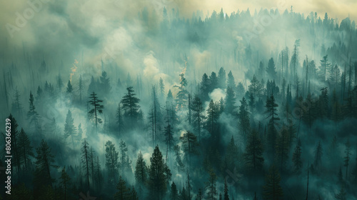 Forest engulfed in wildfire smoke. photo