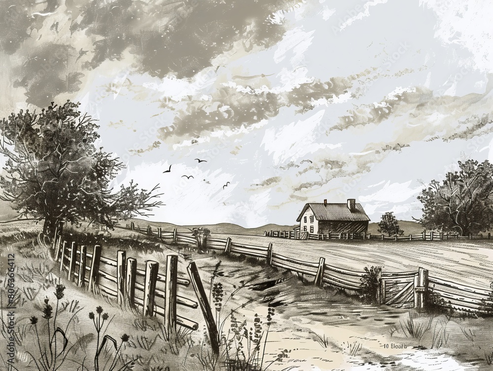 Countryside landscape illustration in the style of etching/engraved illustration , generated with ai