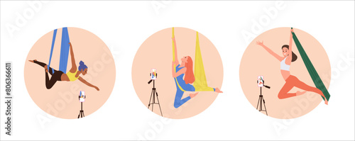 Charming fly yoga female trainer cartoon character hovering in hammock isolated round composition