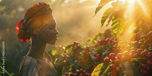 African black farmer or picker working on coffee farm, closeup detail with morning sunlight rays background, red berries growing on bushes in foreground. Generative AI photo
