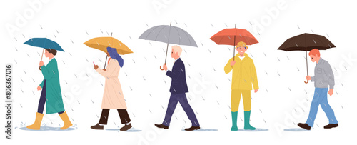 Cartoon people characters holding umbrella walking during autumn rainy day isolated set on white