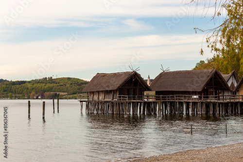 Stilt houses (Pfahlbauten), Stone and Bronze age dwellings in Unteruhldingen town, Lake Constance (Bodensee) © virin