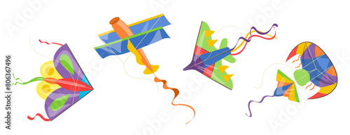 Various cartoon flying kites in shape of plane, butterfly hovering isolated on white background