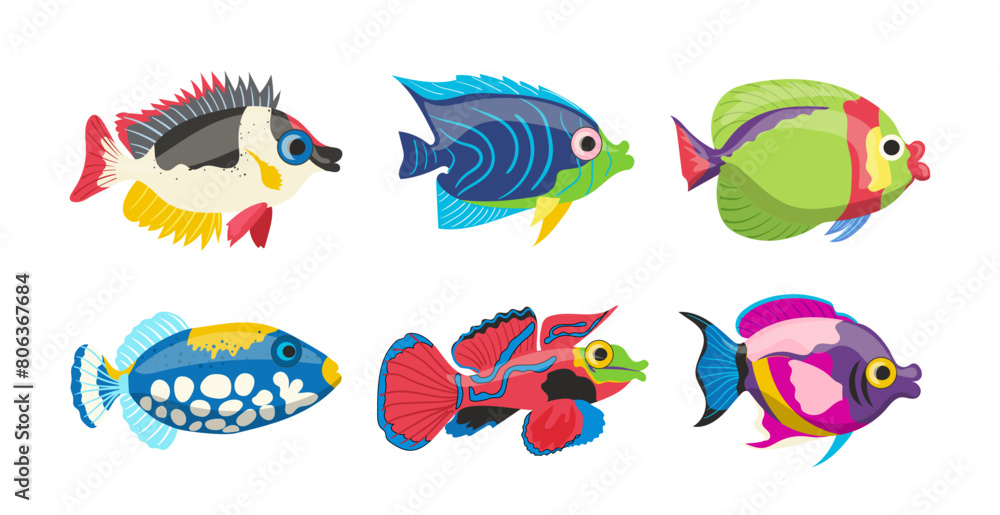 Naklejka premium Isolated cartoon collection of colorful sea fish and vibrant coral reef inhabitant on white