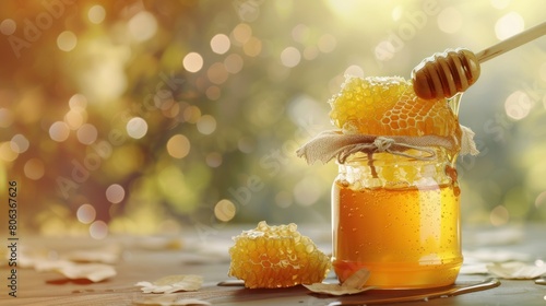 Honey in jar with honeycomb and wooden drizzler photo