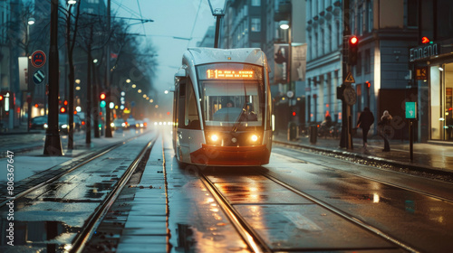 Modern public transport system, like a tram or electric bus, in urban settings.