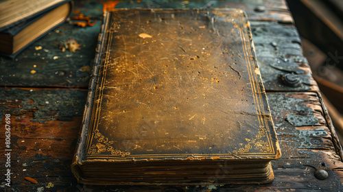 A book with a brown cover sits on a wooden table © ART IS AN EXPLOSION.