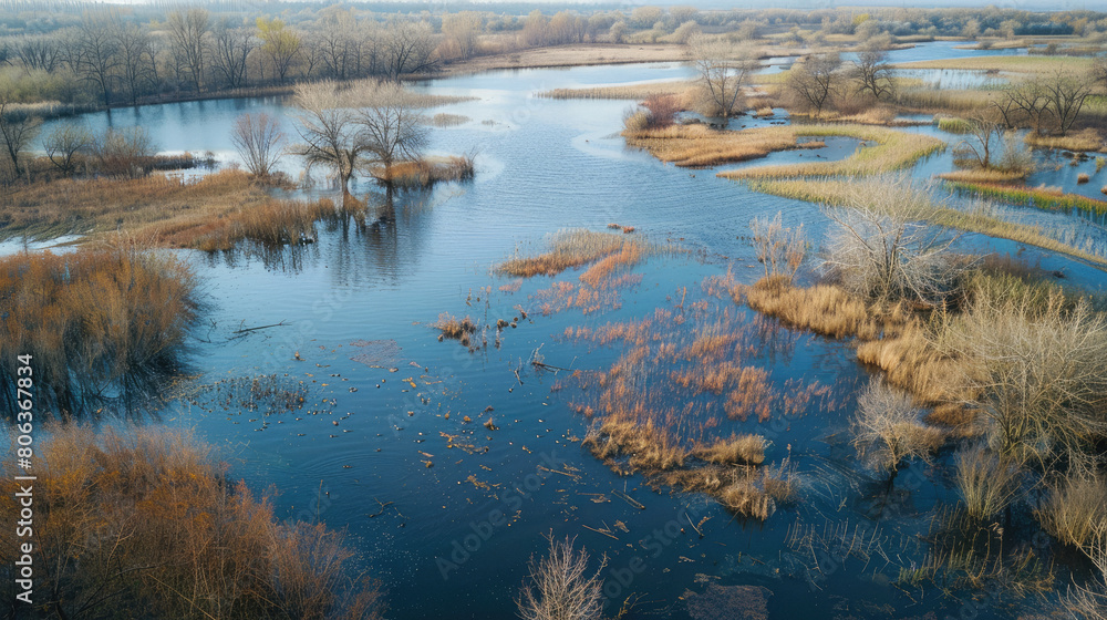Natural wetlands preserved as a bird habitat and flood protection. Natural wetlands preserved as a bird habitat and flood protection.