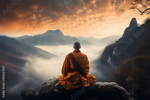 Buddhist sitting on a ountain meditating, buddhist meditation on a mountain, meditation in himalaya © MrJeans
