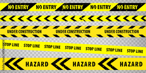 Black and yellow police stripe border, construction, danger, warning, no entry, caution tapes set. Set of danger caution grunge tapes.  Warning signs for your  design on transparent background. EPS10