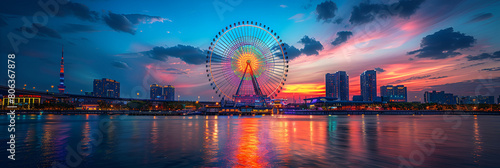 Enchanting Evening View of a Colorful Ferris,
A city with a Ferris wheel in the foreground
 photo
