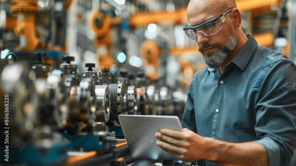 Expert checking industrial equipment operations using a digital tablet in a state-of-the-art factory Expert checking industrial equipment operations using a digital tablet in a state-of-the-art factory
