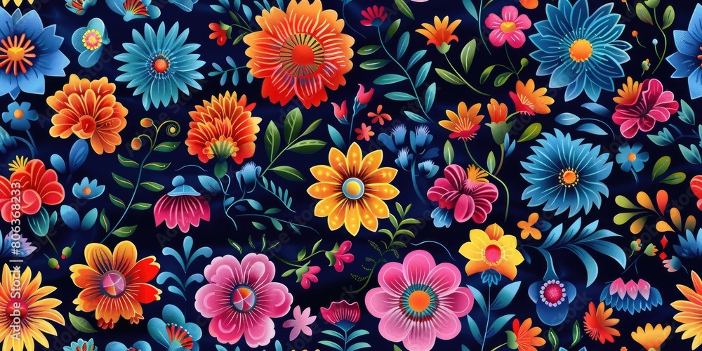 Colorful Floral Embroidery  Background Design - This vector illustration showcases a colorful floral embroidery  background design. The vibrant colors 