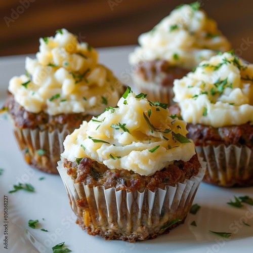 Delicious savory cupcakes made with meatloaf base and topped with creamy mashed potatoes, garnished with fresh herbs