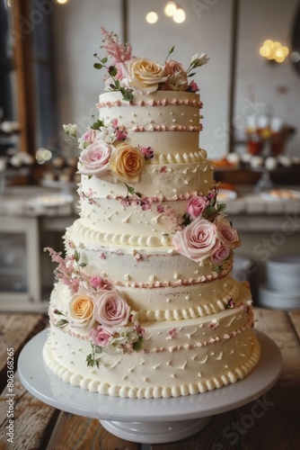 Exquisite multi-tiered wedding cake adorned with real flowers and intricate icing details perfect for a luxurious wedding