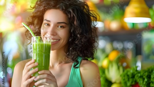 A young fitness vegan woman savoring green juice at home while emphasizing a plant-based diet. Concept Healthy Lifestyle, Plant-Based Diet, Green Juice, Home Scene, Fitness Journey