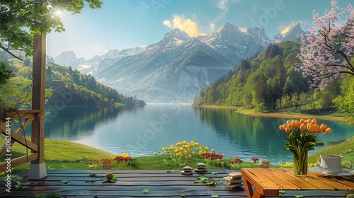 Digital landscape depicting a serene mountain lake with a breathtaking view and radiant spring beauty photo