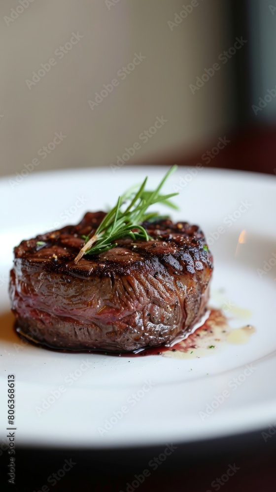 A close-up of a succulently grilled steak garnished with rosemary on an elegant white plate