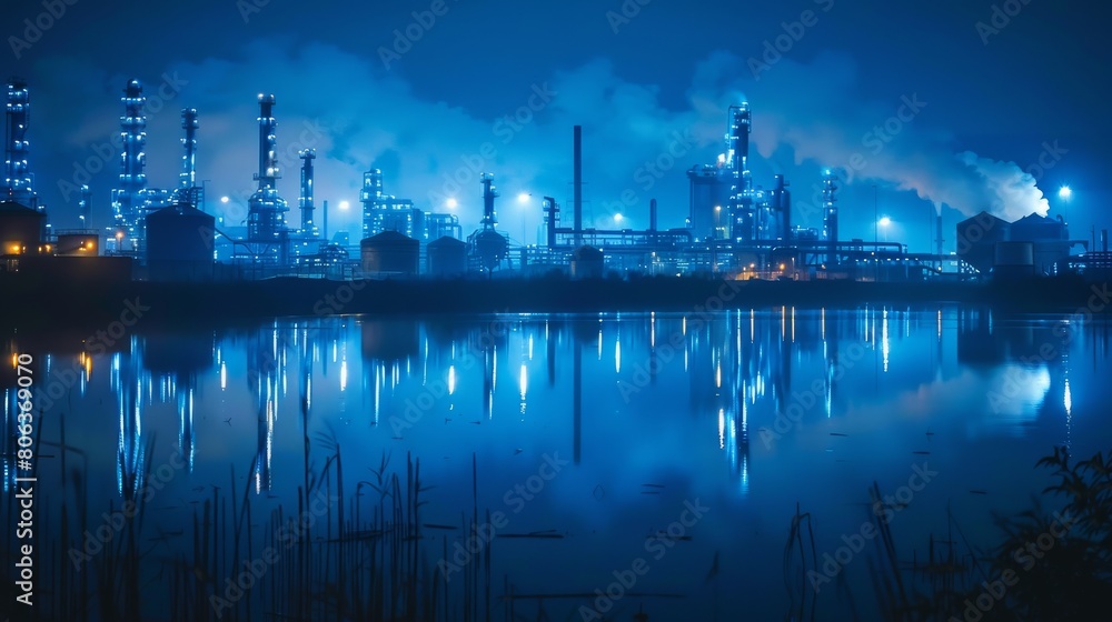 Striking industrial night scene with factory silhouettes reflected in a water body against a deep blue sky