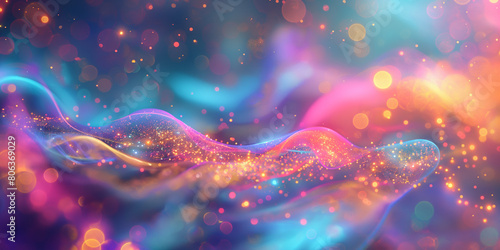 Wellenmotiv in leuchtenden Neon Farben und Lichter Bokeh als Hintergrundmotiv für Webdesign im Querformat für Banner photo