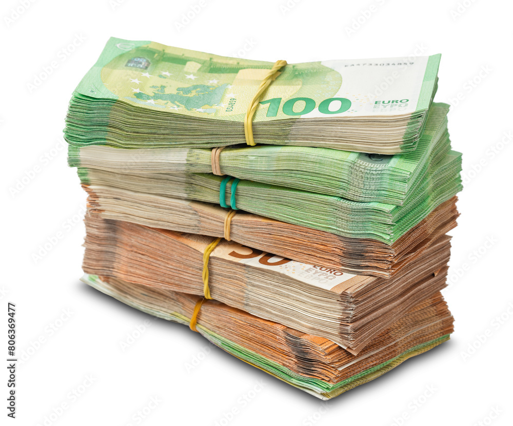 Big pile of euro currency, fifty and hundred euro banknotes isolated on white background