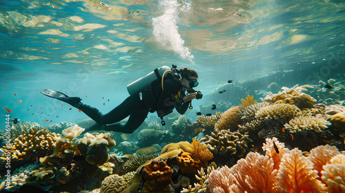 Wallpaper Mural Scientist studying coral reefs underwater, documenting climate change effects. Torontodigital.ca