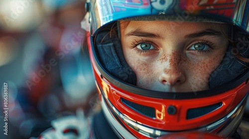 Close up portrait of a young girl in a red and blue racing helmet. She has her eyes wide open and is looking directly at the camera. © Aonin