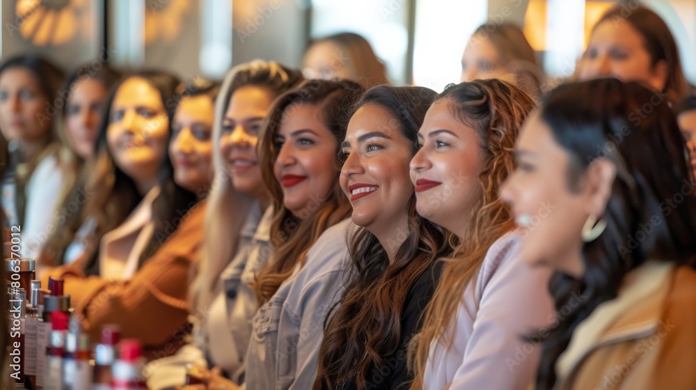 Obraz premium Several smiling women lined up at a beauty store event, looking at products