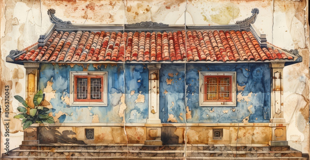 Filipino bahay kubo side by side pattern watercolor tile , generated ...