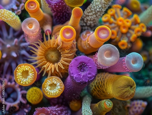 Underwater world full of vibrant colors and fascinating creatures. A stunning close-up of a coral reef teems with life. © Aonin