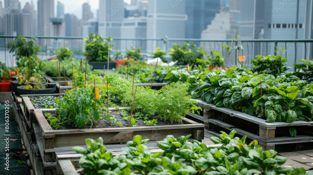 Fototapeta premium Urban garden on a city rooftop filled with green plants and vegetables.