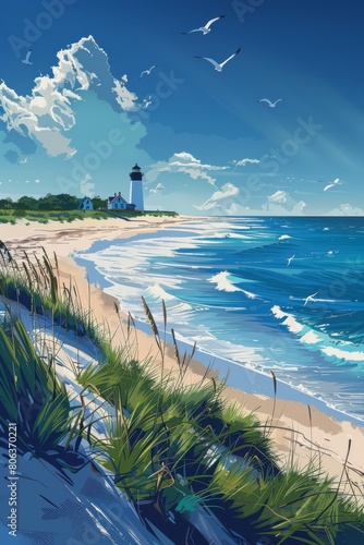 Illustration of Cape Lookout, Harkers Island, NC, capturing the tranquil beauty of the landscape, generated with AI photo