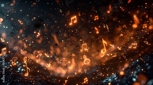Abstract conceptual artwork of glowing musical notes floating amidst fiery orange and red particles exuding energy and rhythm