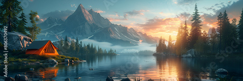 Illustration Tent Camping 3D Image,
A serene mountain view at sunrise beautiful image photo