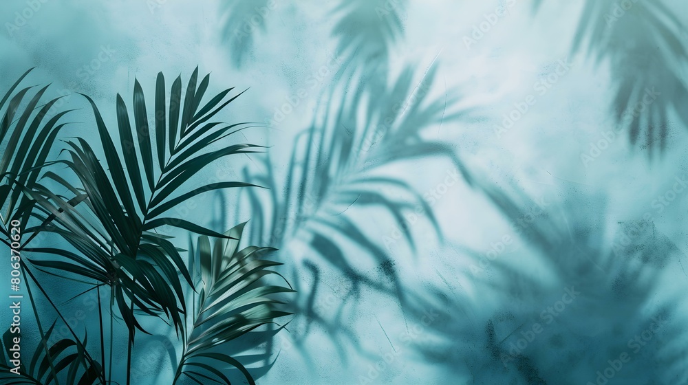 Shadows of Tropical Plants on a light blue Plaster Wall. Exotic Background for Product Presentation Shadows of Tropical Plants on a light blue Plaster Wall. Exotic Background for Product Presentation